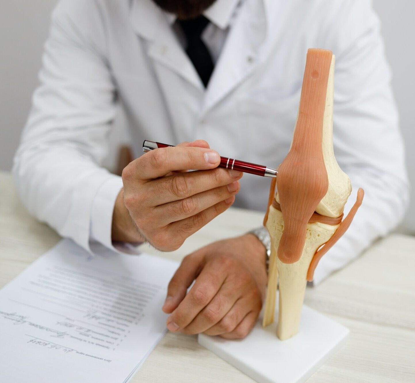 Ortopeda wyjaśniający budowę kolana